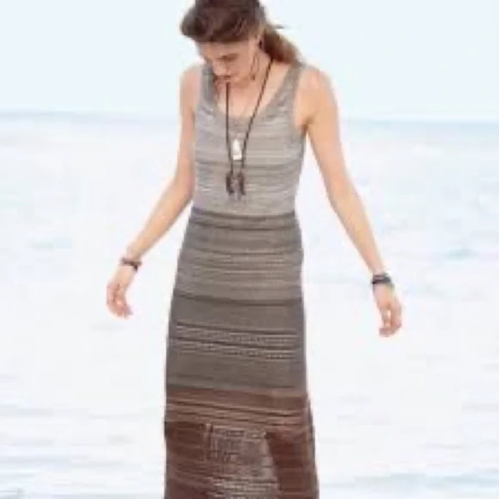Peruvian Connection Sleeveless Striped Midi Dress in Gray and Brown